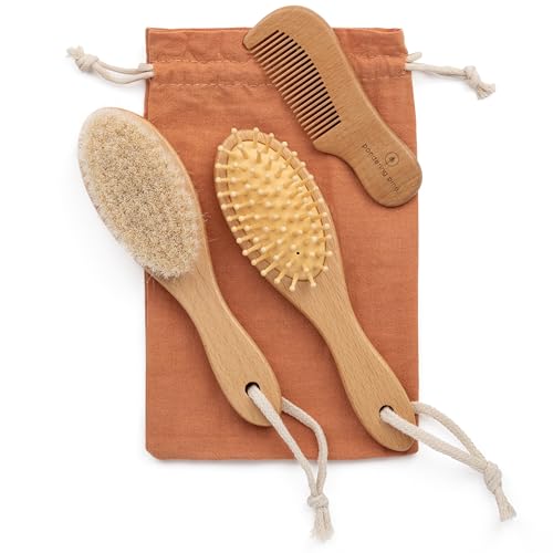 Natural Baby Brush Set - Wooden Brushes and Comb With Boho Travel Bag for Girl or Boy - Soft Goat Hair Brush for Cradle Cap, Bamboo Toddler Brush, Newborn Hairbrush for Scalp Grooming - color: Amber