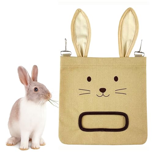 Rabbit Hay Feeder Bag - Hanging Rabbit Hay Feeder for Rabbits, Guinea Pigs and Chinchillas, Moss and Alfalfa Hay (Khaki) - color: Khaki, size: One Size