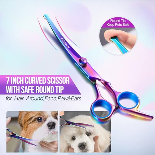 Gimars Dog Grooming Scissors Kit Professional 4CR with Safety Round Tip, 5 in 1 Heavy Duty Titanium Coated Thinning & Curved & Straight Shears - style: Purple 5 in 1