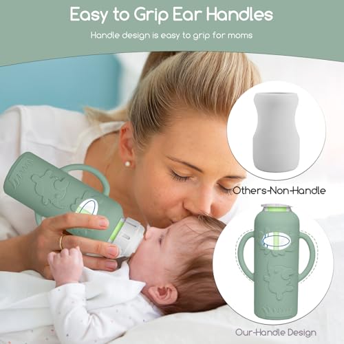 4 Pack Silicone Sleeves for Dr. Brown's Glass Baby Bottles -Drop Protection Easy-Grip Baby Bottle Sleeves Holder with Handles, Compatible with Dr. Brown's Newborn Glass Bottles 8 oz/250 mL - color: Green 4 Pack 8OZ