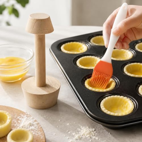 Wooden Tart Tamper Set Double-Side Egg Tarts Tamper Pastry Tools with Brush, DIY Cake Pastry Tool for Mini Egg Tart Cheesecakes Dessert Baking