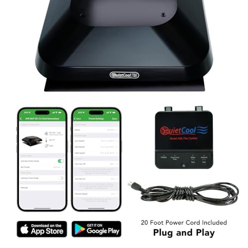 Quietcool AFR SMT ES-2.0 Roof Mount Smart Attic Fan - Up to 1950 CFM - As low as 25 Watts - Smart App Control - Thermostat and Humidistat - 20ft Power Cord - Plug-and-play - Three Speed