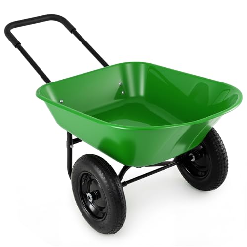 IRONMAX Dual-Wheel Wheelbarrow with All-Terrain Wheels, 220LBS, Light Green | Heavy Duty Wheel Barrow Gardening Cart, Yard Cart with Built-In Stand for Lawn, Farm & Planting - color: Light Green