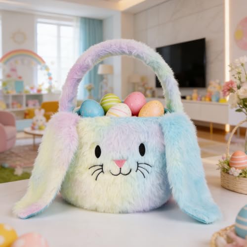 PRATIQUE Foldable Plush Easter Basket with Bunny Ears for Kids, Easter Egg Hunt Bucket with Handle, Cute Storage Bin for Candy, Toys & Gifts (Rainbow) - color: Rainbow