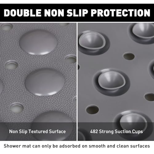 Shower Mat Non Slip: 47.2 x 31.5 Inch Extra Large TPE Shower Mats for Inside Shower - Anti Slip Shower Stall Matt with Drain Hole and Suction Cups for Elderly - color: Grey, size: 47.2" x 31.5" (Rectangular)