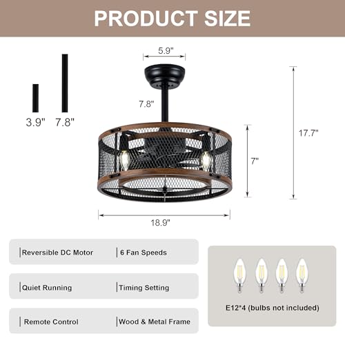 19" Modern Fandelier Ceiling Fan with Lights Remote Black Caged | Chandelier Ceiling Fan Industrial Fandelier for Bedroom Living Room, Reversible DC Motor 6 Speeds, 4 E12 Bulbs (Not Included) - color: Mesh Cage