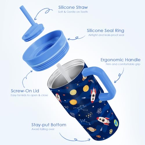 SANDJEST Solar System Stainless Steel Tumbler 20oz with Handle and Silicone Straw Locking Lid for Kids Boys Girls, Birthday Christmas Back to School - color: Solar System