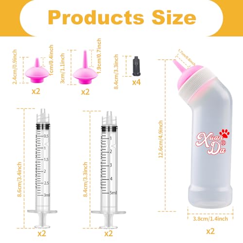 Kitten Nursing Nipple with Syringe, Wide Mouth Angled Puppy Feeding Bottles, with Ventilation Valve Resistant Tearing for Puppies, Kittens, Rabbit, Small Wildlife (M Nipple,Pink) - color: Pink, size: Model 2