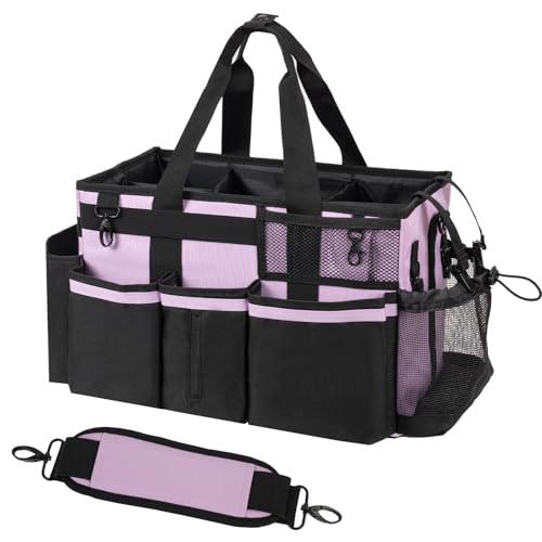 SCAVATA Wearable Cleaning Caddy, Cleaning Caddy Supplies Organizer with Handle & Shoulder Straps for Housekeepers, Under Sink & Car Cleaning Tool Organizers Bag with 4 Foldable Divider (Lilac) - color: Lilac