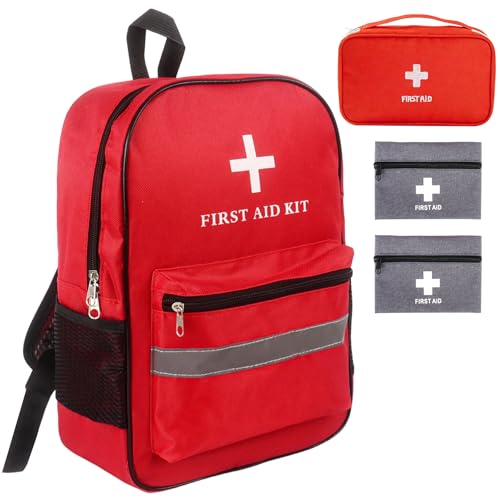 First Aid Bag Empty 4-Piece Set with Large First Aid Backpack, 2 Portable Pouches & Carry Medical Bag for Pet, Car, Travel, Camping, Emergency Supplies Storage (Red Gray)