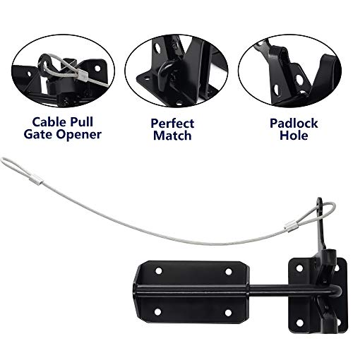 JIAHOO Heavy Duty Gate Latch for Wooden Fence with Cable Pull Opener | Automatic Latch for Wooden & Metal Gates, Vinyl Fence, Self Locking Outswinging Pool & Dog Door Latch with Security, Black