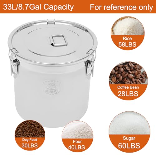 DYNAMI 8.7Gal 304 Stainless Steel Bucket Milk Can with Airtight Lid | 33L Metal Food Storage Bucket with Locking Buckle,Leak-Proof Oil Container Milk Transport Bucket Flour Storage Container