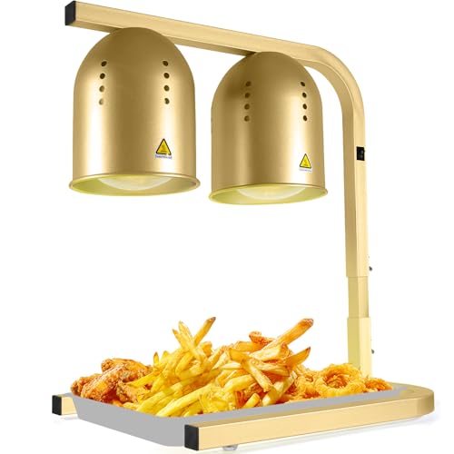Food Heat Lamp with 2 x 250W Bulbs, 5000+ Hour Lifespan, Gold | 12"×20" Warming Area, UL-Tested, Adjustable Height Stand 22"-30", Commercial & Home Use Restaurant Buffet Bakery Catering - color: Gold