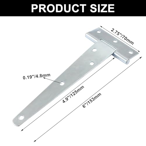 Murtenze 6-Pack 6 Inch Silver T-Strap Shed Hinge | Barn Door Hinges, Heavy Duty, Gate Strap Hinge, For Barn Door, Shed or Wooden Fences - color: Silver, size: 6 Inch - 6Pack