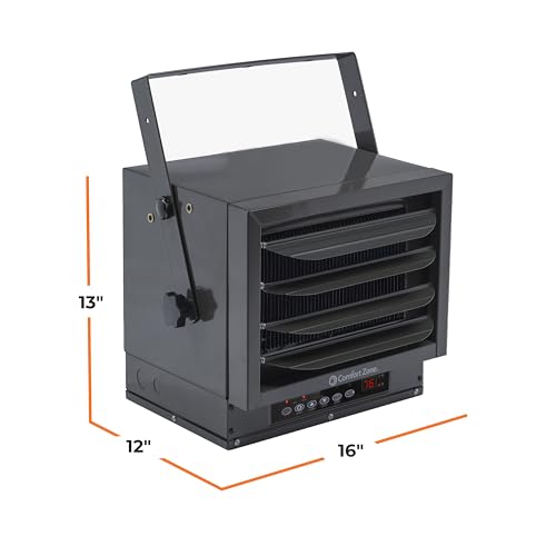Comfort Zone Hard-Wired Ceiling Mount Garage Space Heater with Remote, 7,500 Watt, 240 Volt, Fan-Forced, Overheat Protection, Digital Thermostat, 12-Hour Timer, Ideal for Garage & Workshop, CZ230ERBK | Digital thermostat, 12-hour timer, and remote control