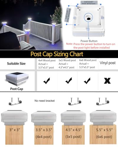 Solar Post Cap Lights 160 Lumen 52LEDs with 6500K White Lighting | Fence Post Solar Lights Fits 4x4 5x5 6x6 Wood Post, Outdoor Post Lights IP65 Waterproof, for Patio, Porch, Garden - color: White