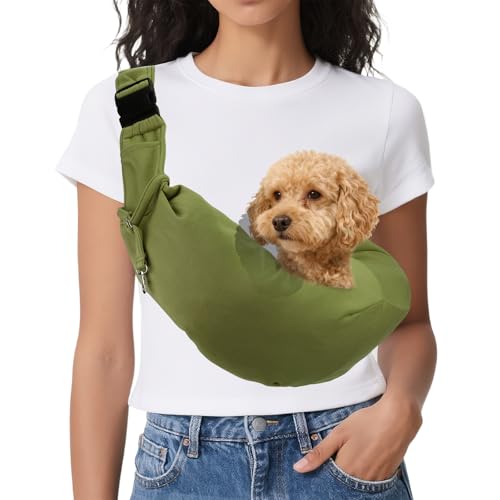 Dog Sling Carrier for Small Dogs and Cats Up to 16.5 Lbs, Adjustable Buckle with Pocket Pet Sling Carrier Safety Harness, (Dark Green, 1 Pcs) Intended for Outdoor/Camp/Travel - color: Dark Green