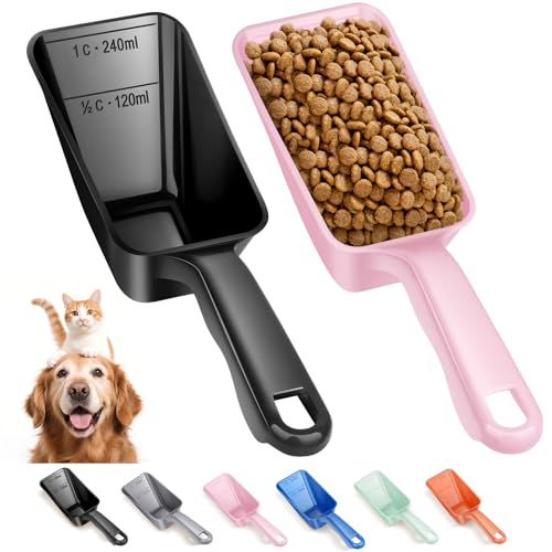2-Pack Dog Food Scoop 1 Cup, Plastic Pet Food Measuring Scoop With Measuring Lines (1/2 & 1 Cup Markings) for Dogs, Cats, Fish, Bird（Black and Pink) - color: Black and Pink