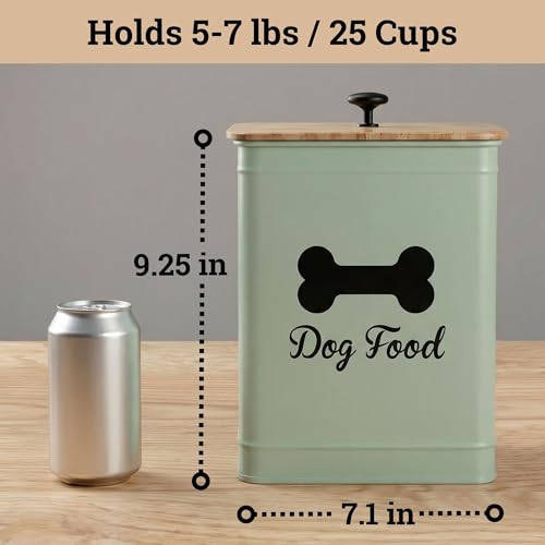 Metal Dog Food Container 5-7lb, 25 Cup w/ Airtight Bamboo Lid, Metal Handle | Pet Jar For Dogs up to 50lbs, Airtight Bamboo Lid, Sturdy Comfortable Metal Handle, Powder Coated Iron, Kibble Storage Bin - color: Sage Green: Bone