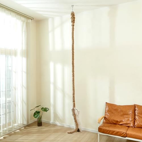 SHENGOCASE 1.9" x 8.9Ft Cat Climbing Jute Rope for Ceiling with Hook, Wall Mounted Furniture for Indoor and Outdoor Cats, Cimbing Pole (8.9 Feet) - size: 8.86 Feet