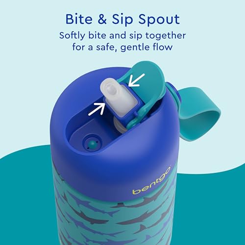 Bentgo Kids Stainless Steel Water Bottle, Leak-Proof, 14 oz, Bite & Sip | Vacuum Insulated, 18/8 Stainless Steel, 12-Hour Cold, Dishwasher Safe, BPA-Free (Sharks) - color: Sharks