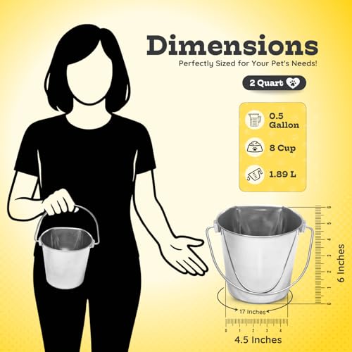 2 quart Stainless Steel Flat Side Bucket | 0.5 gal Durable Heavy Duty Food & Water Feeding Pails for Small Pet Birds Dog Cat | Fits kennel Cages Critter Crates Hanging Pail | Multipurpose - size: 2 Quarts