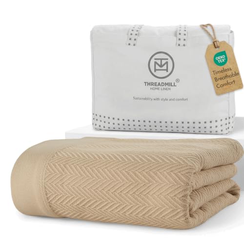 Threadmill Luxury Cotton Blankets for Queen Size Bed | All-Season 100% Cotton Queen Size Blanket | Herringbone Cozy, Soft Breathable Fall Thermal Blanket fits Full Size Bed, 90x92 | Beige | All-Season Thermal Blanket, Soft & Breathable, Cozy Moisture-Wick