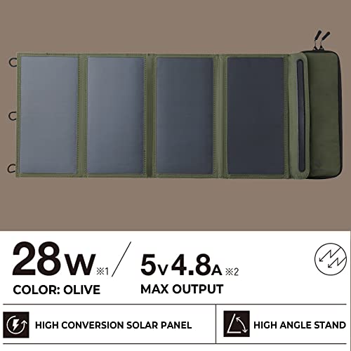 ELECOM NESTOUT Portable Solar Panel, Dual USB-A Ports, 28W Power Generation Charger for Phone Camping, Durable Water-Resistant Ripstop Nylon, Foldable Lightweight, Adjustable Stands (4-Panel) - color: 4-Panel