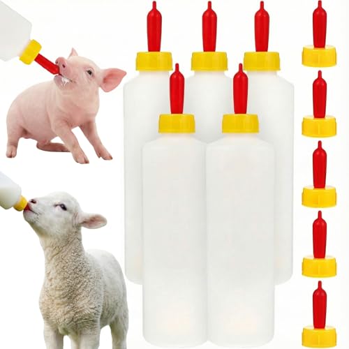 Housoutil 400ml Lamb Feeding Bottle, 1 Set Baby Goat Bottles with Nipples, Farm Feeding Bucket for Livestock Such as Lambs, Suckling Pigs, Calves (5 feeders, Plus 5 Nipple)