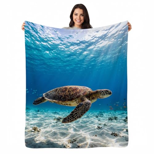Tropical Ocean Turtle Throw Blanket, Flannel Fleece 60" x 80" | Yujiiso Tropical Ocean Turtle Blanket Lightweight Decor for Living Room, Bedroom, Office and Travel, Home Decor Gift - color: Tropical Ocean Blue Water Turtle, size: 60"x80"