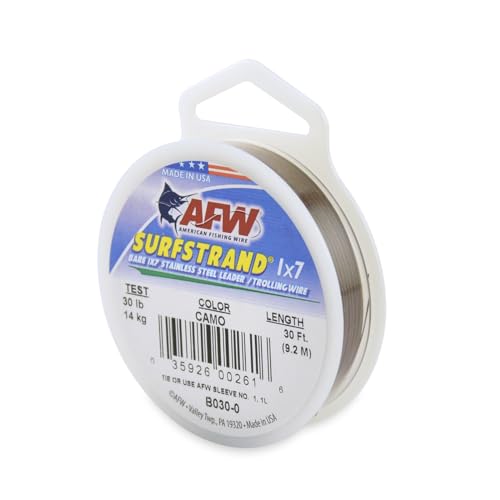 American Fishing Wire Surfstrand Bare 1x7 Stainless Steel Leader Wire - Fishing Leader Line for Saltwater, 20lb Test - 325lb Test in Bright, Camo in 30ft, 300ft, 600ft and 1,000ft Lengths - color: Camo, size: 30 lb / 30 ft