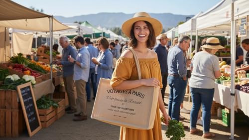 KAF Home Jute Market Tote Bag with Handles, Voyages - color: Voyages