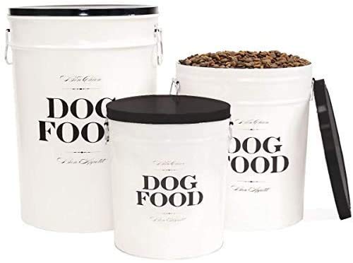 Harry Barker Bon Chien Dog Food Storage Canister – Large 11 gallon, Airtight Stainless Steel Pet Food Container, Stylish Kitchen Counter Dog Kibble Storage with Easy-Open Lid - White - color: Black & White