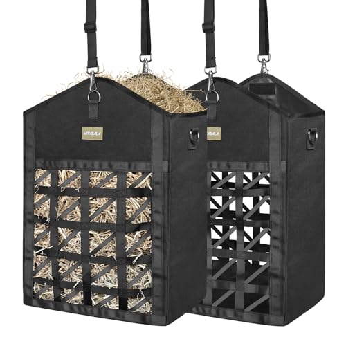 Dual Purpose Feed Horse Hay Bags, 2 Pack Large Black Oxford Fabric | Two-Sided Ultra-Slow Feed Oxford Hay Bags for Horses with Large Opening, Hook-and-Loop Top Closure & Adjustable Hanging Strap - size: Large 2 Pack
