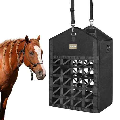 Dual Purpose Feed Horse Hay Bags, 1 Pack Large Black Oxford Fabric | Two-Sided Premium Oxford Hay Bags with Large Opening, Adjustable Dual-Purpose Strap for Easy Hanging - size: Large 1 Pack