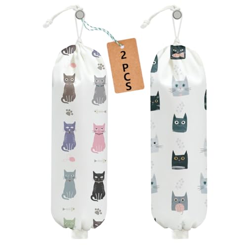 2Pcs Cat Plastic Bag Holder, Wall Mount Grocery Bag Holder for Plastic Bags | Large Reusable Grocery Bags Organizer Storage Dispenser for Home Kitchen Pantry Decor, Cat Lover Gifts for Women - color: Colorful cats 02