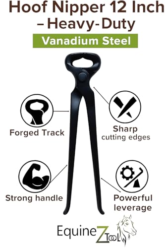 Hoof Nipper 12 Inch–Heavy-Duty Vanadium Steel Farrier Tool–Black Forged Track Veterinary Hoof Trimmer for Horses,Goats & Livestock–Precision Sharp Jaws for Clean Cuts–Professional Farrier Supplies