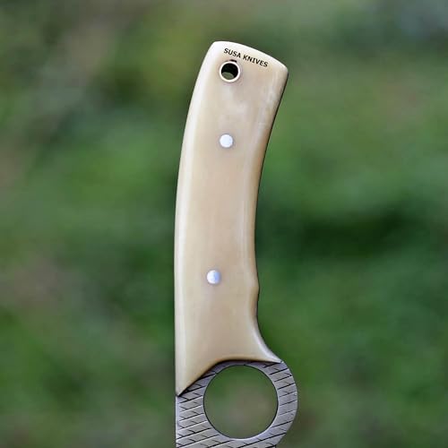 Custom Handmade 7'' fixed blade hoof rasp knife Cow boy knife Damascus steel Bull cutter, cowboy knives with pancake leather sheath (SUSA 121) - color: SUSA 121