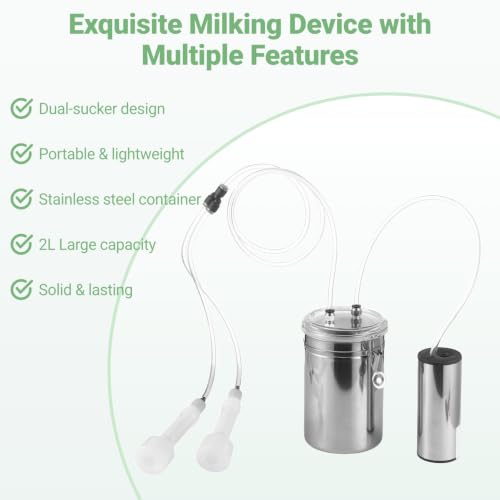 Electric Goat Milking Machine, 67 oz Stainless Steel Goat and Cows Milking Machine,Milking Bucket with Electric Vacuum Pump, Dual Teat Cups, Plug Switch and Hoses for Goats Sheep Cows