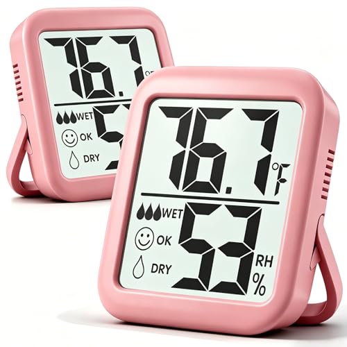 Antonki 2 Pack Room Thermometer Indoor Hygrometer | Monitor Temperature & Humidity, Accurate, Fast Read, Easy To View, Magnetic/Kickstand/Hanging, ℉/℃, w/ Battery, Compact - color: 2 Pcs* Pink