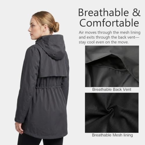 Women's Waterproof Long Rain Jackets Raincoats with Adjustable Hood | Lightweight Outdoor Activities Rain Shell Relaxed Fit Drawstring Waist Windbreaker Breathable Mesh-Lined Trench Coat - color: Black, size: Large