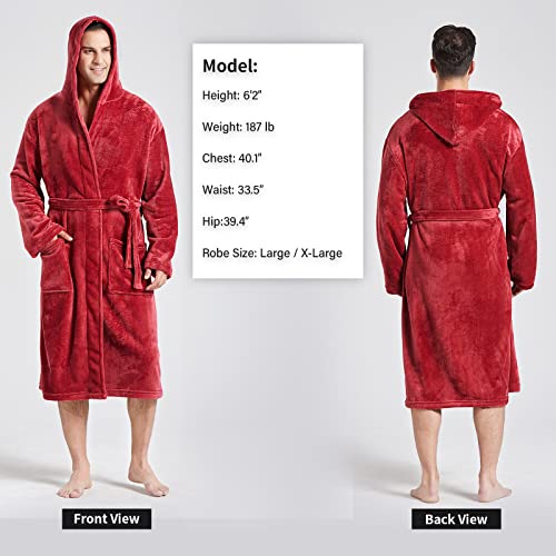 FashGudim Mens Hooded Robe Plush Shawl Collar Kimono Bathrobe Soft Warm Flannel Fleece Spa Robes House Coat Pajamas - color: Red, size: X-Large-XX-Large