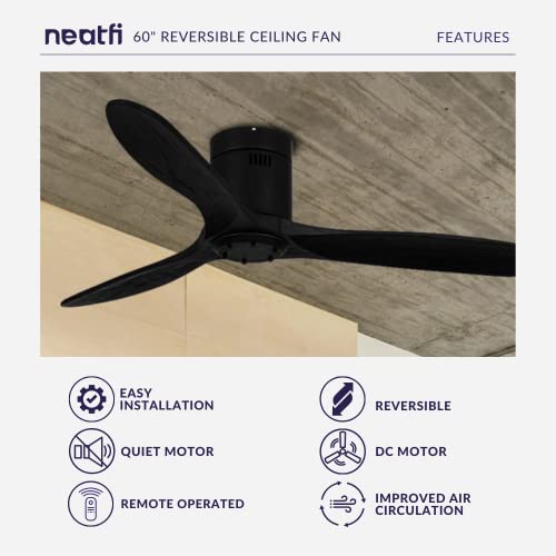 Neatfi 60" Ceiling Fan No Light – 3 Solid Wood Blades, Quiet DC Motor | 6-Speed Modern Flush Mount Low Profile Ceiling Fan with Remote | Bedroom, Living Room, Kitchen (Black, 60 Inches) - color: Black, size: 60 Inches