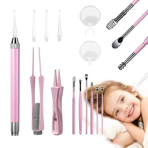 15 Pack Ear Wax Removal Tool Kit with Light - LED Ear Cleaning Kit, Ear Wax Removal for Kids and Adults, Ear Cleaning Tool, Ear Picker Spoon & Ear Tweezers & Spiral Spring Ear Spoon Pink - color: Pink