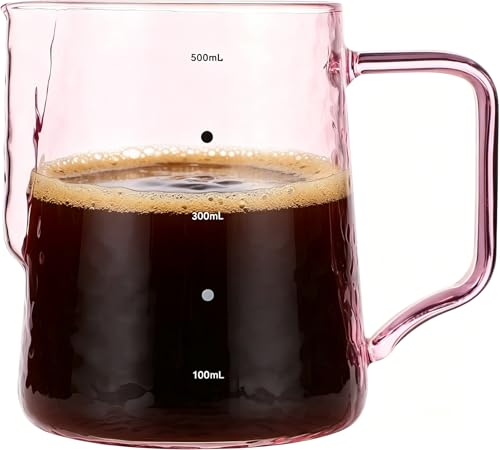 Toyvian Glass Milk Jug with Pink Scale, 500ml Heat-Resistant Borosilicate Coffee Pitcher Graduated Milk Frothing Cup with Spout Portable Glass Coffee Server for Espresso Latte Art Home Brewing