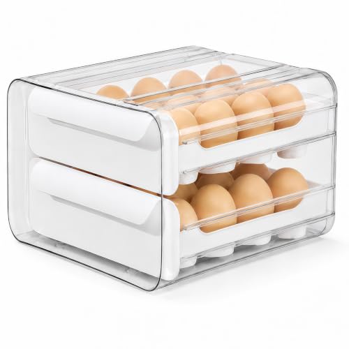 2 Tier Egg Holder for Fridge, Pull Out Egg Organizer for Refrigerator, Double Layer Egg Container for Refrigerator