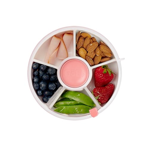 GoBe Kids Small Snack Spinner Flip Bundle with Hand Strap and Sticker Sheet - Reusable Snack Container with 5 Compartment Dispenser and Lid | BPA/PVC Free | Dishwasher Safe | No Spill - Coral Pink | Bundle with Hand Strap & Stickers, Reusable Snack Contai