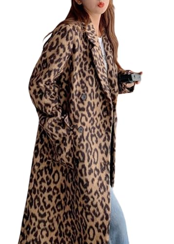 Womens Leopard Long Wool Trench Coat Notched Lapel Double Breasted Pea Coat Winter Warm Overcoat - color: Leopard, size: Large