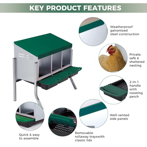 Galvanized Steel Chicken Nesting Box 3 Compartment with Pull Out Tray, Roll Away Nest Boxes for Laying Hens Egg Collection, Wall Mount Poultry Nest Box for Coop with Handle, Green, with Legs - color: Green, size: 3 Compartments with Support Legs
