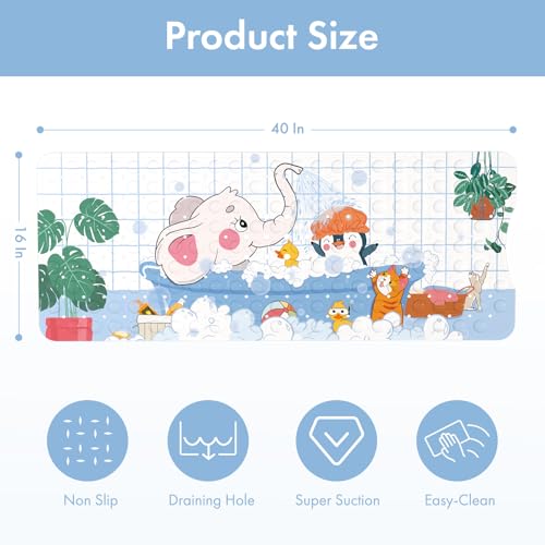 AmazerBath Baby Bath Mat Non Slip, Cartoon Kids Bath Mat for Tub 40 x 16 Inches Full Size, Non Slip Bathtub Mat with Suction Cups and Drain Holes, Shower Stall Mats - Elephant - color: Elephant, size: 40" x 16" (Rectangular)